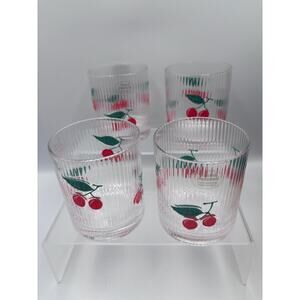 Hand Painted Cherry Glass Tumblers Lot of 4 Ribbed Anthropologie Barware NEW